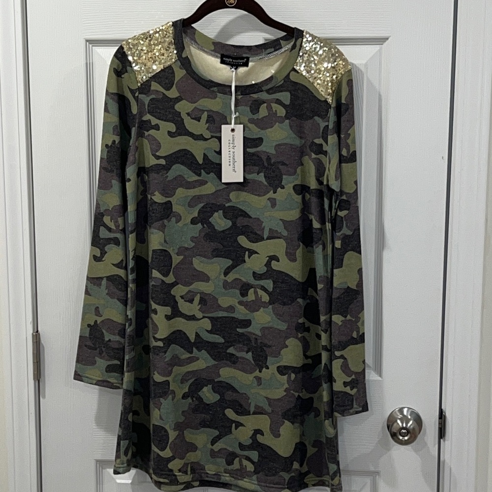 Simply Southern Gold Sequin Camo Dress M NWT